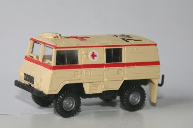 This model of a SteyrPuch Pinzgauer 710K ambulance was made by Roco in the